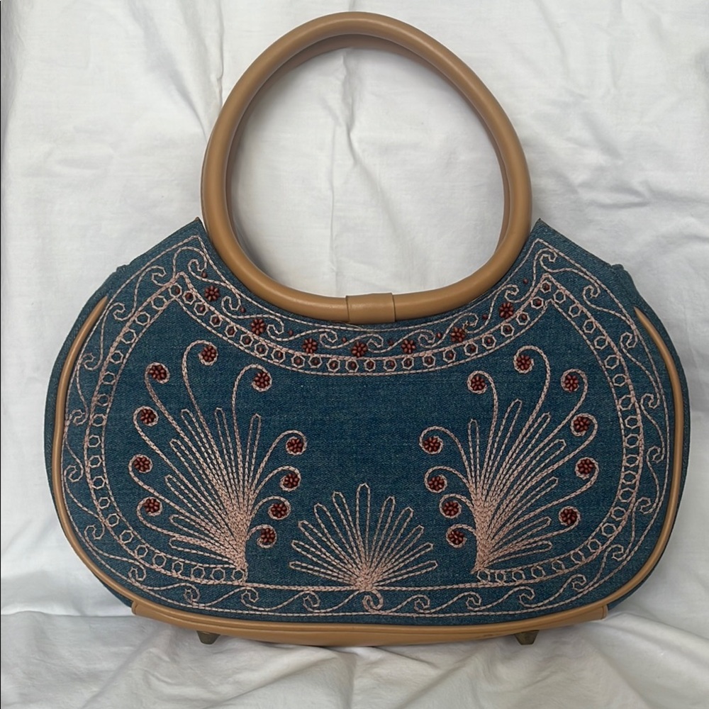 Embroidered Denim and Tan Handbag